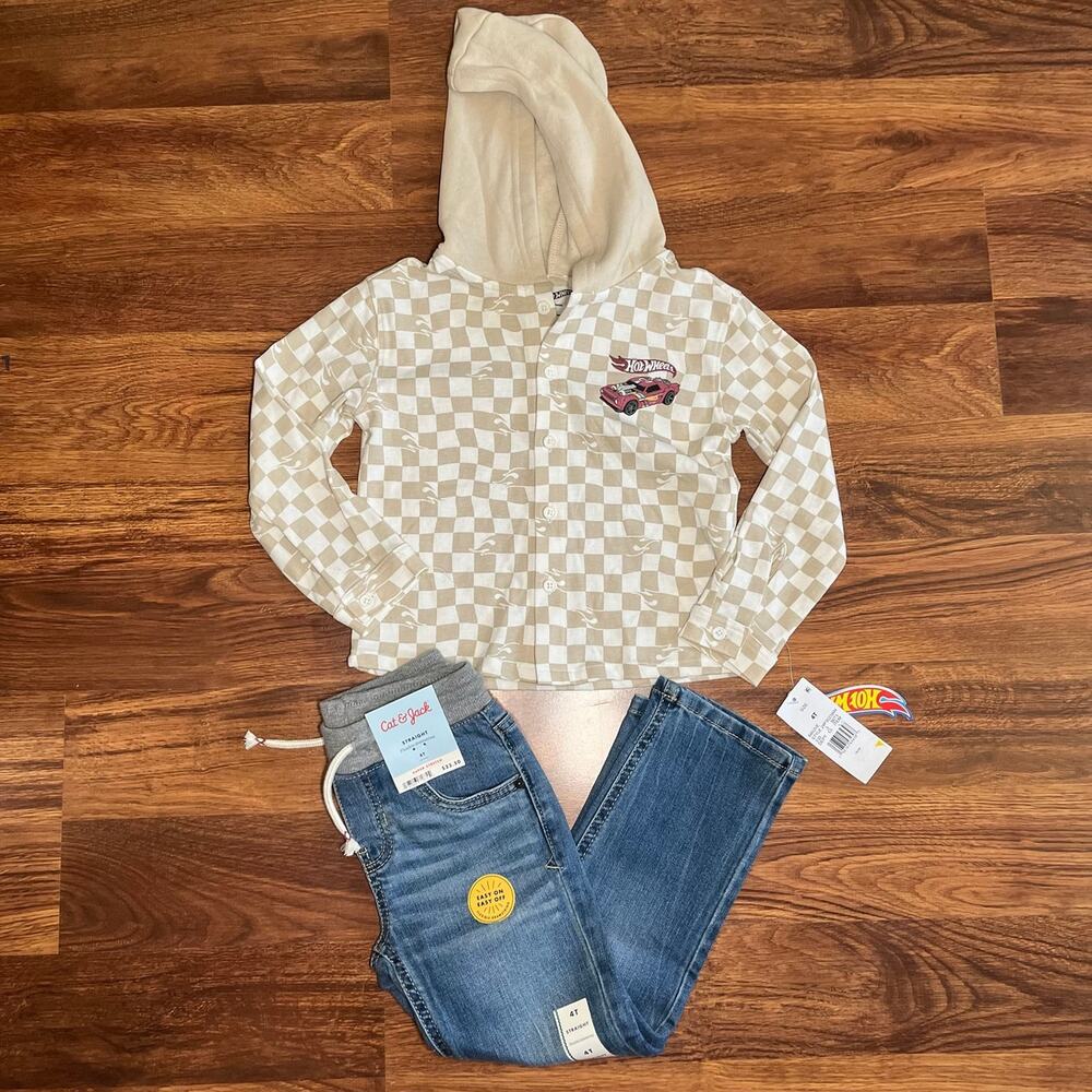 NEW Hot Wheels Hooded Button Up Shirt and Jeans Back to School Fall Bundle 4T